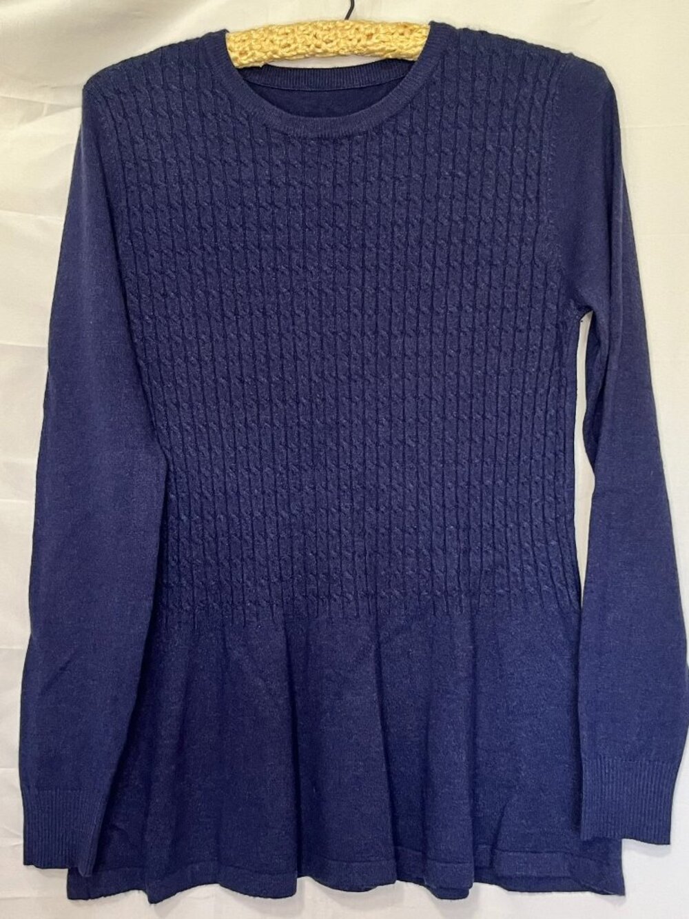 Womens Navy Blue Long Sleeve Peplum mini Cable Knit Crewneck Pullover Sweater XS